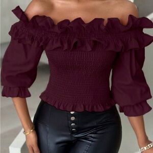 🦋NWOT🦋 SHEIN Burgundy Ruffle Off-Shoulder Blouse